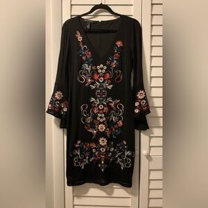 Elegant Black Floral Embroidered Dress, INC, Size M